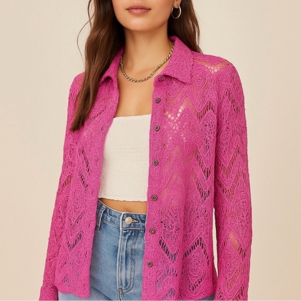 Lace Free People Pink long sleeve  Blouse